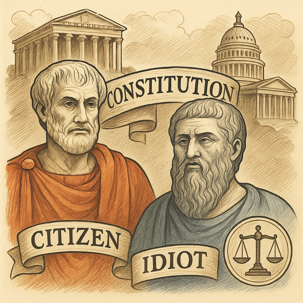 Plato and Aristotle symbolizing the citizen versus the idiot in the origins of constitutional duty.